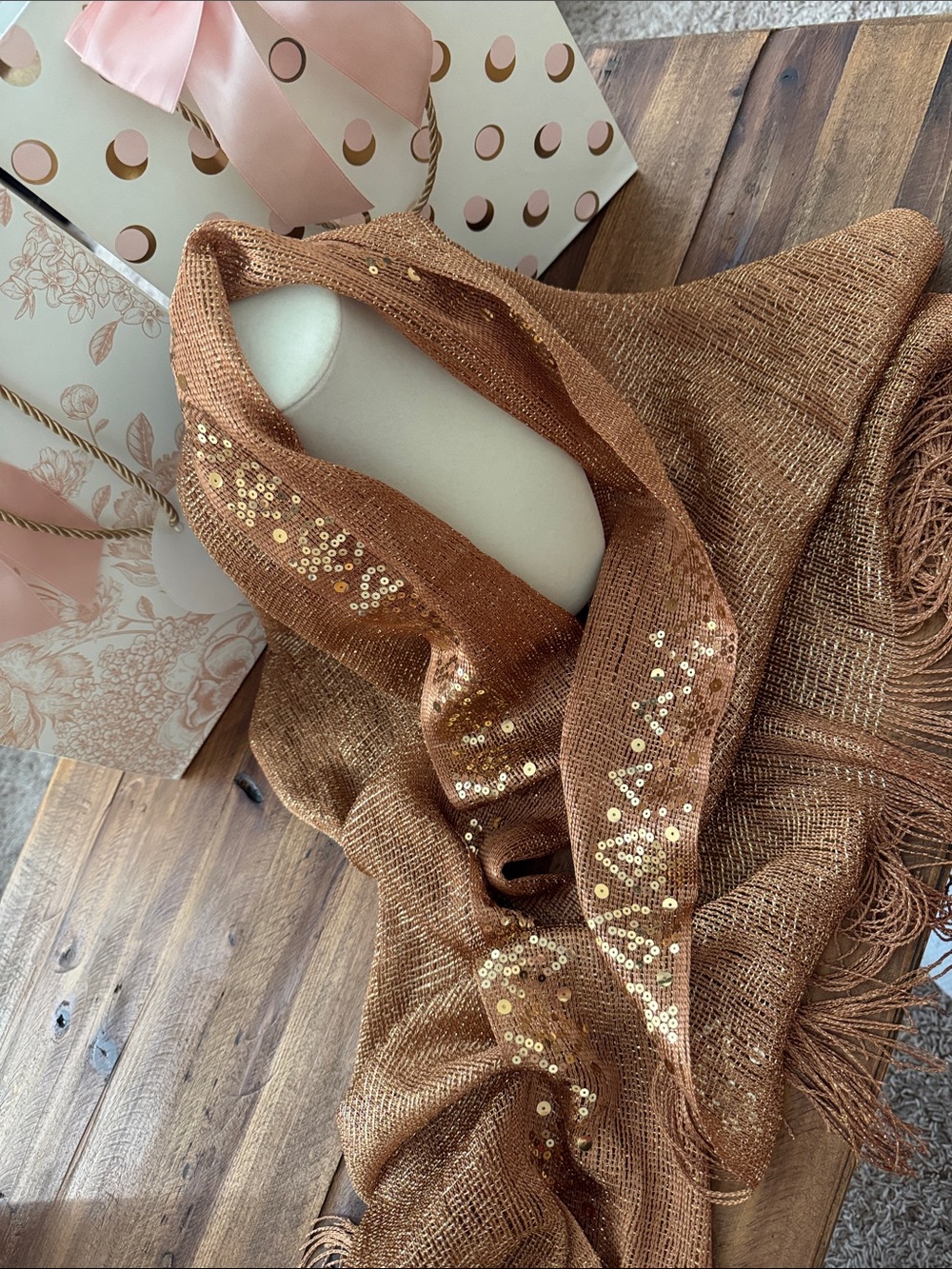 Sequin-Embellished Bronze Fringe Scarf